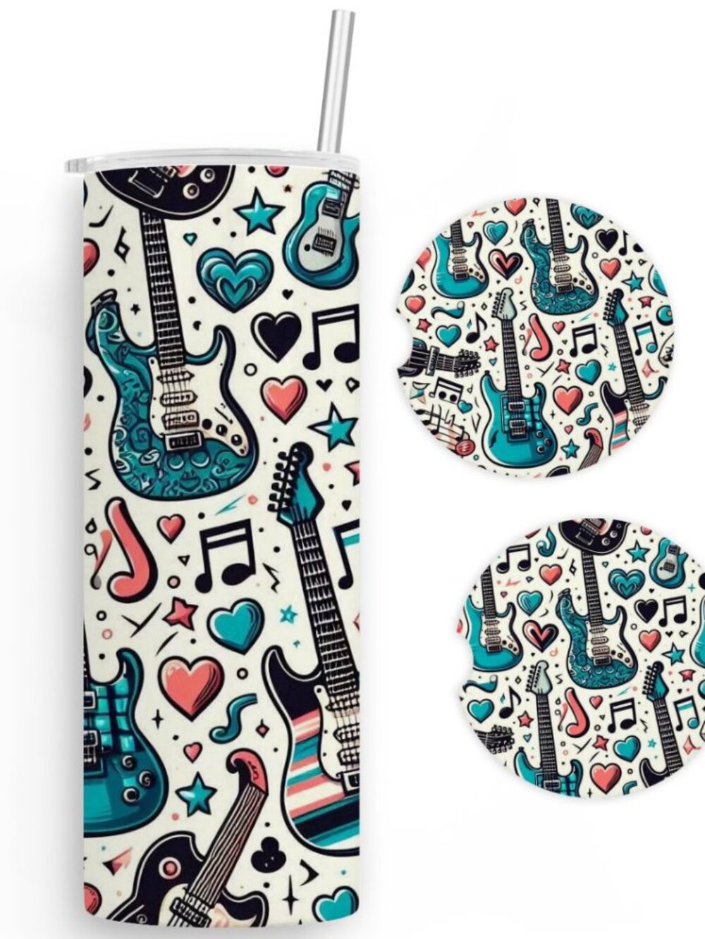Guitar Music 20oz Skinny Tumbler with Matching Car Coasters Gift Set Bundle